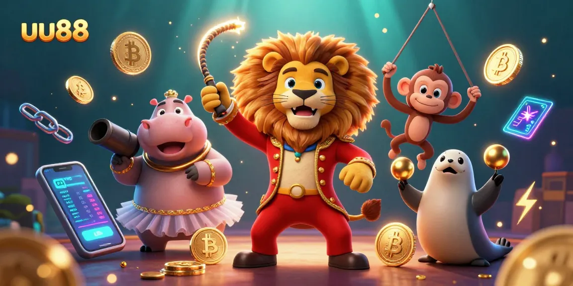 Experience the thrill of uu88 with a playful circus-themed 3D illustration showcasing vibrant casino elements.