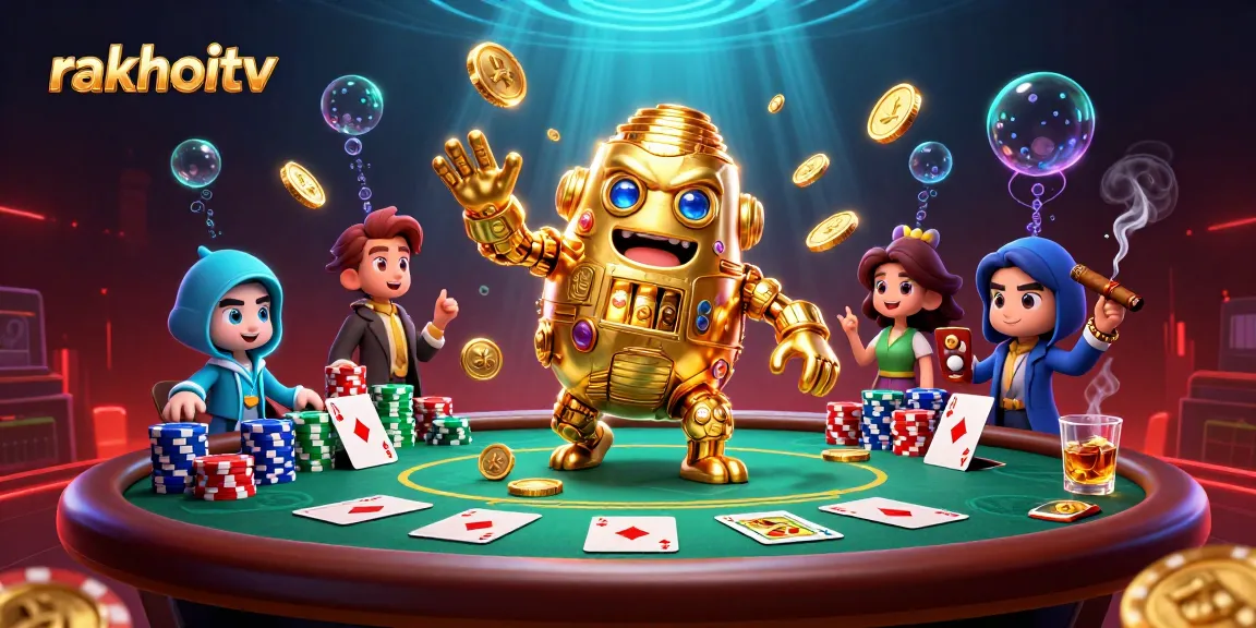 Experience rakhoitv's vibrant casino scene with a golden golem and dynamic poker elements.