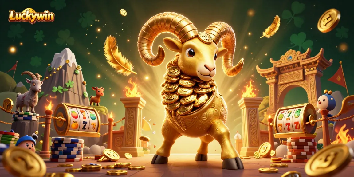 Experience the thrill of Luckywin as the golden ram charges through a casino wonderland filled with slot reels and rich imagery.