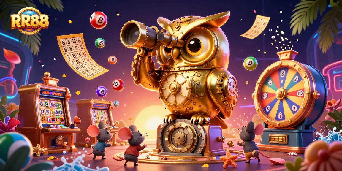 Experience thrilling gameplay at RR88 with a lively casino scene featuring a golden owl and dynamic lottery elements.