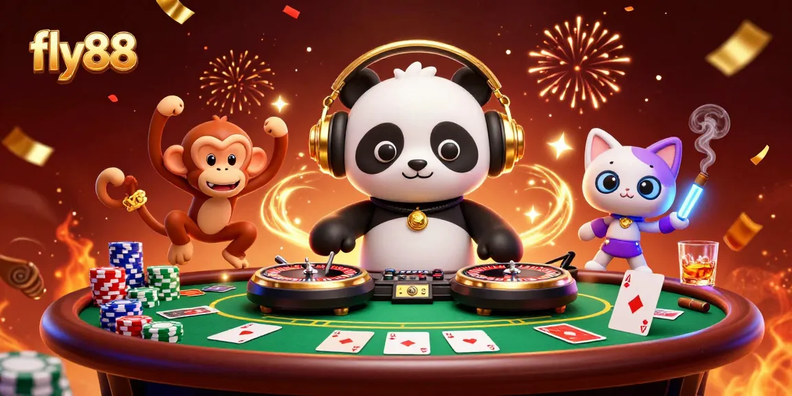 Experience fly88's vibrant gaming scene with DJ panda and a lively dance-floor show.