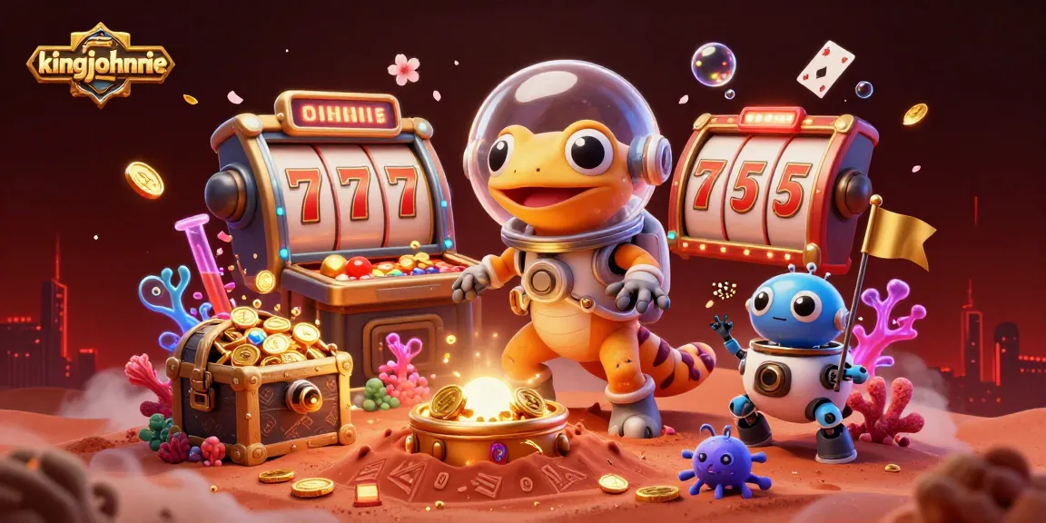 Experience kingjohnnie with a Martian gecko exploring a vibrant slot casino in a dynamic 3D scene.