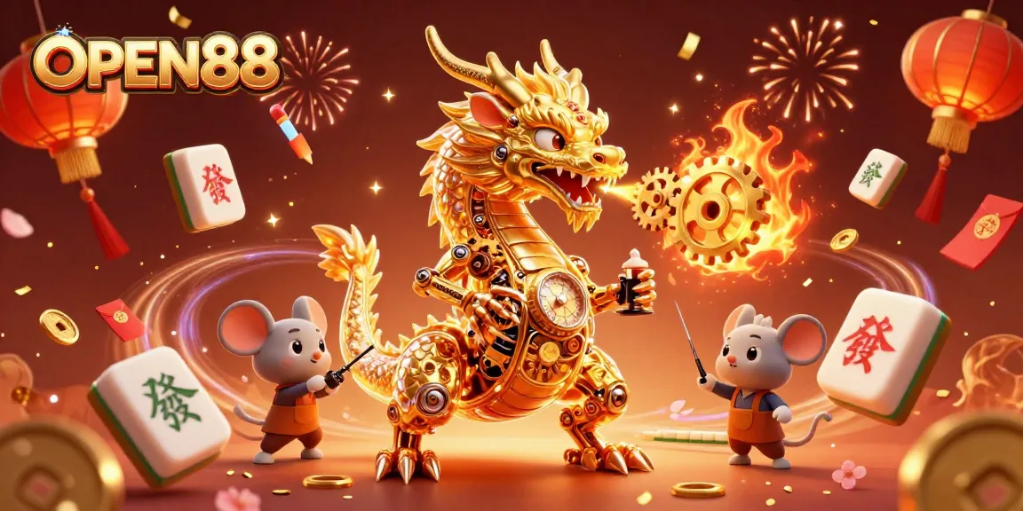 Experience the excitement of OPEN88 with a vibrant scene of a golden dragon, celebrating casino dynamics.