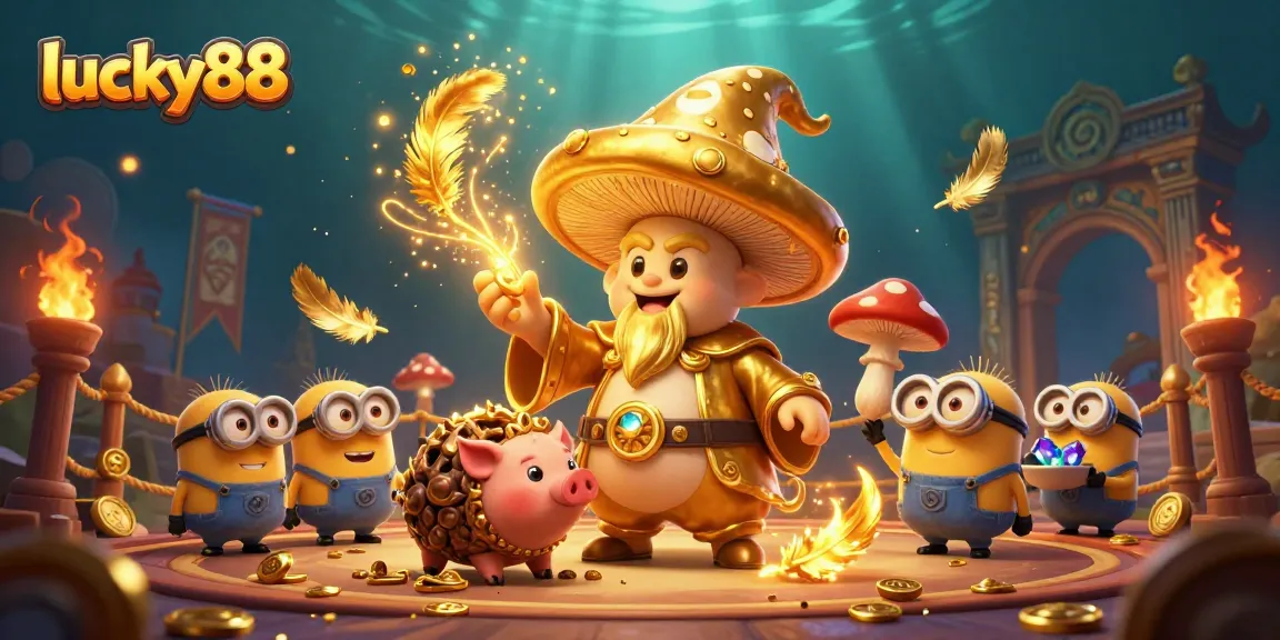 Engage with lucky88 as the golden mushroom wizard conjures treasures and excitement in a vibrant casino scene.