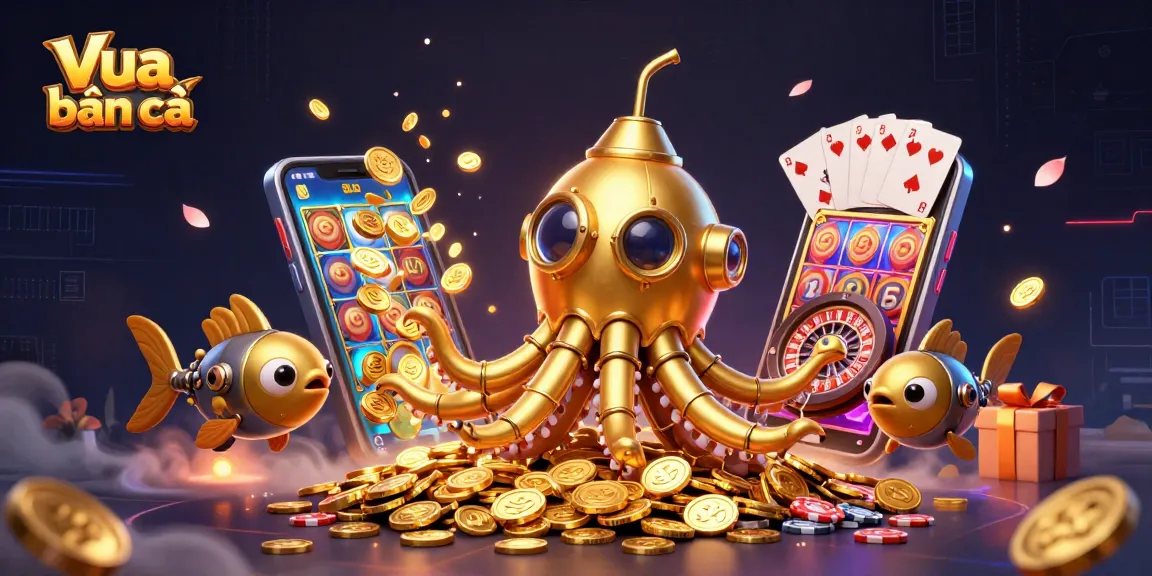 Engage in Vua bắn cá with this exciting 3D illustration showcasing vibrant underwater action and casino elements.