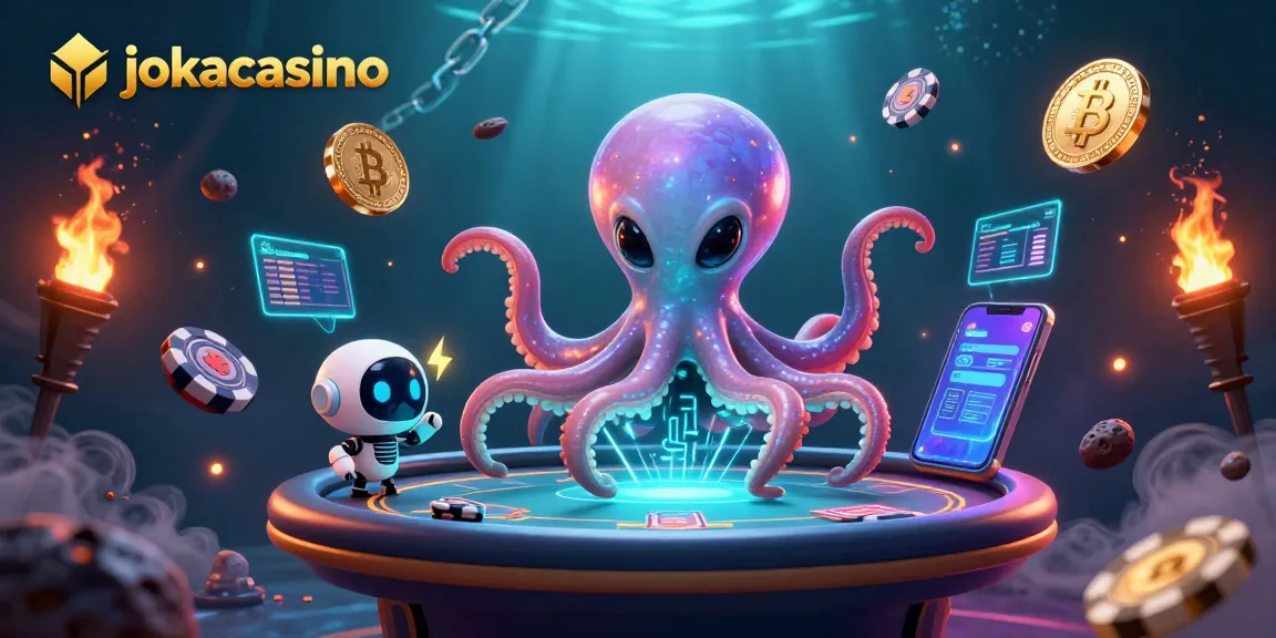 Play thrilling games at jokacasino with an alien octopus navigating a holographic poker table