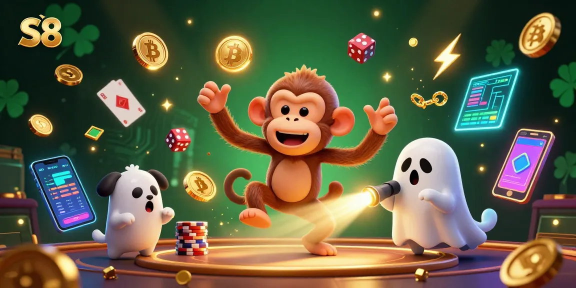 S8 showcases a lively 3D scene with a playful poltergeist monkey amidst golden coins and cryptocurrency elements in a vivid casino