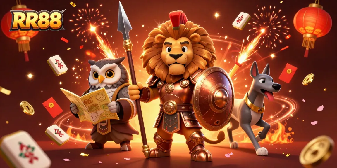 Experience the thrill of gaming with RR88, featuring an epic lion warrior amidst vibrant casino elements