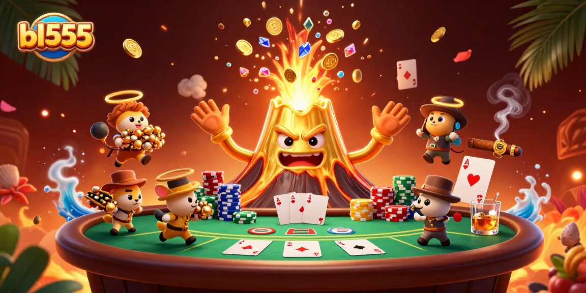 Win big at bl555 with a vibrant gaming scene featuring treasures and poker elements.