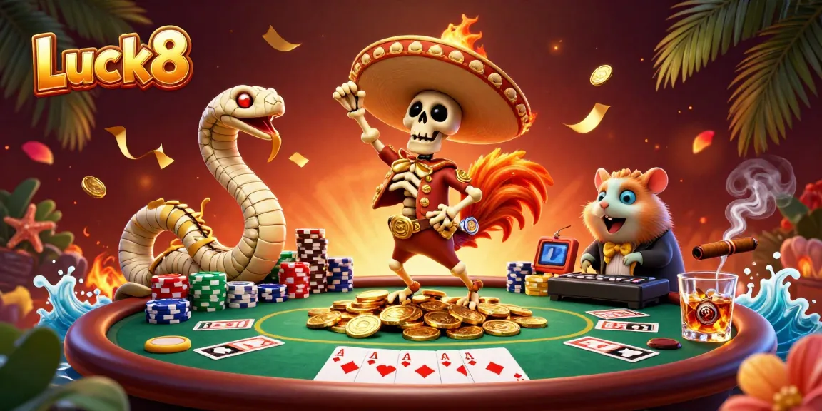 Luck8 offers a vibrant victory scene with a skeleton mariachi rooster dancing on gold coins.