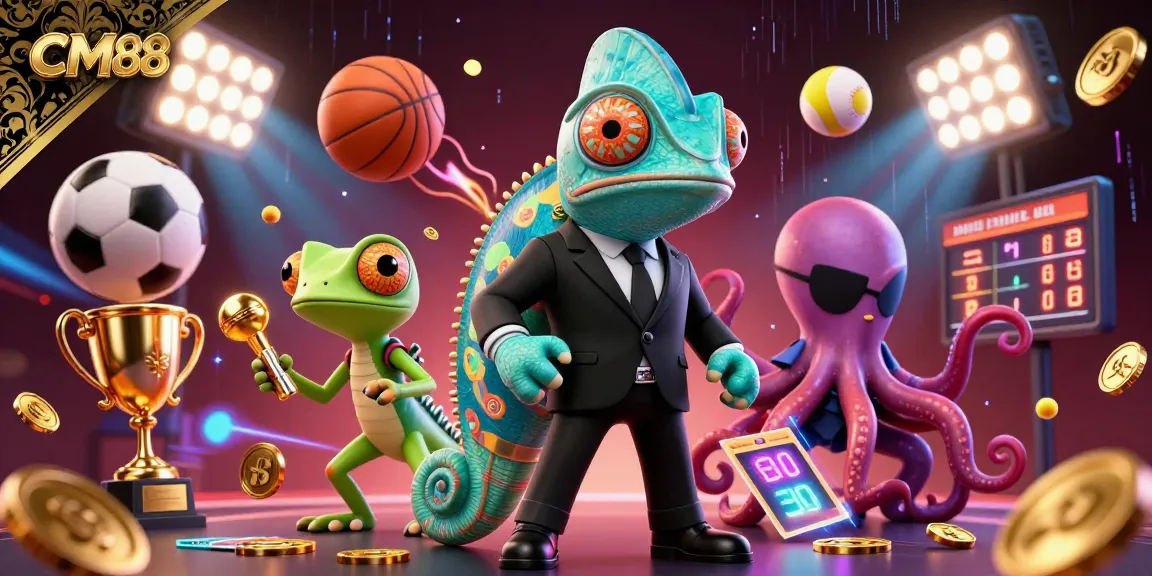 Win with CM88 by immersing in sports betting excitement amidst captivating 3D chameleon characters.