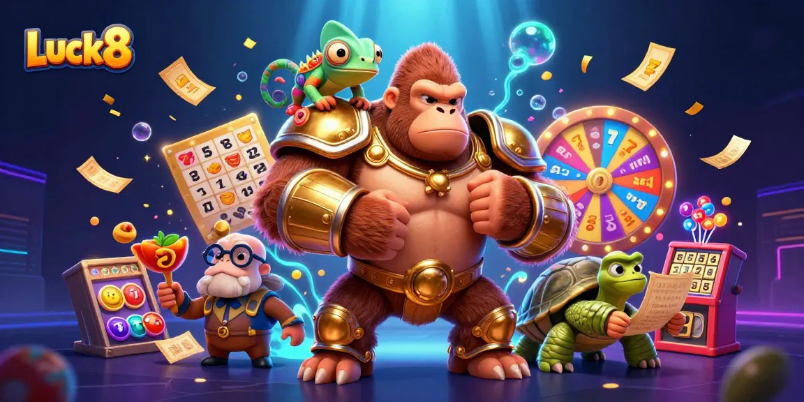 Luck8 showcases a dynamic scene with a powerful gorilla and gambling elements, perfect for attracting players.