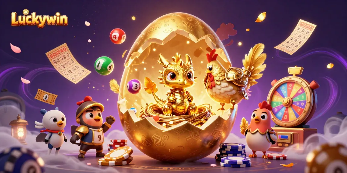 Engage Luckywin's thrilling online gaming world with a golden dragon amidst vibrant lottery elements.