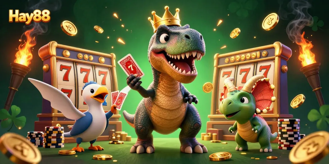 Experience the fun and excitement at Hay88 with this lively 3D casino scene featuring a playful T-Rex and vibrant slot elements.