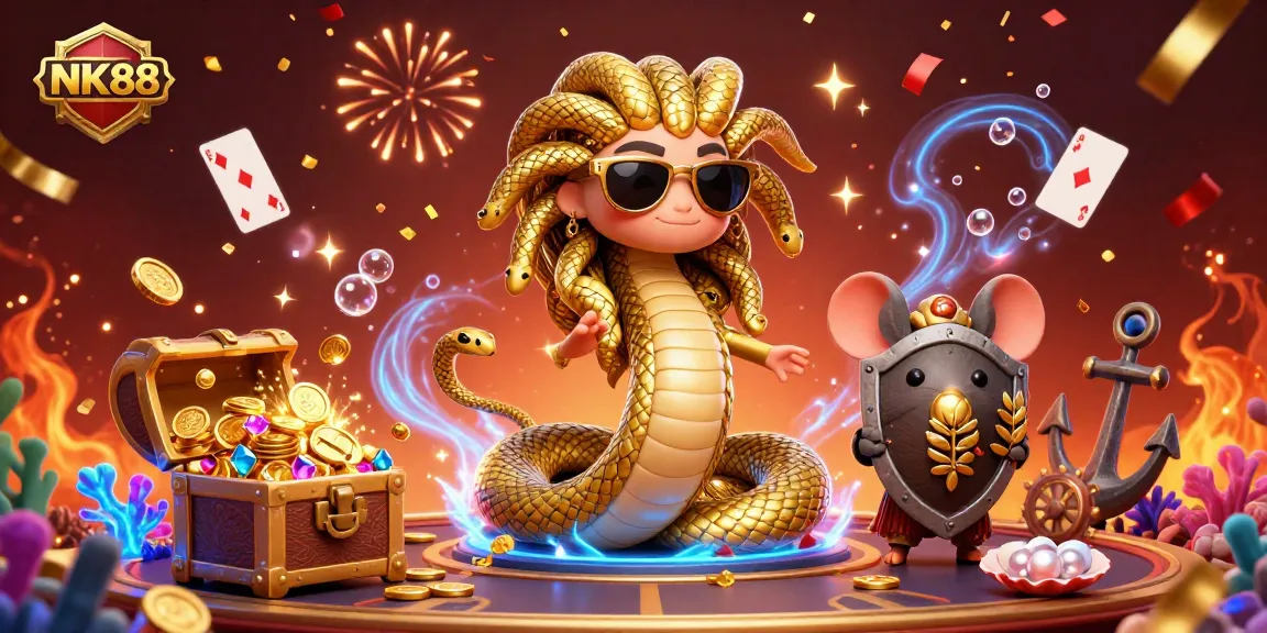 Experience thrilling gameplay at NK88 with vibrant characters celebrating amidst gold coins and gems.