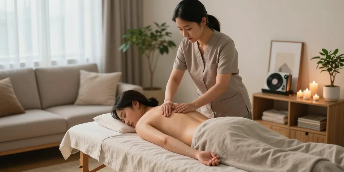 At-home 김포출장안마 with a Korean therapist performing a relaxing massage in a cozy living room.