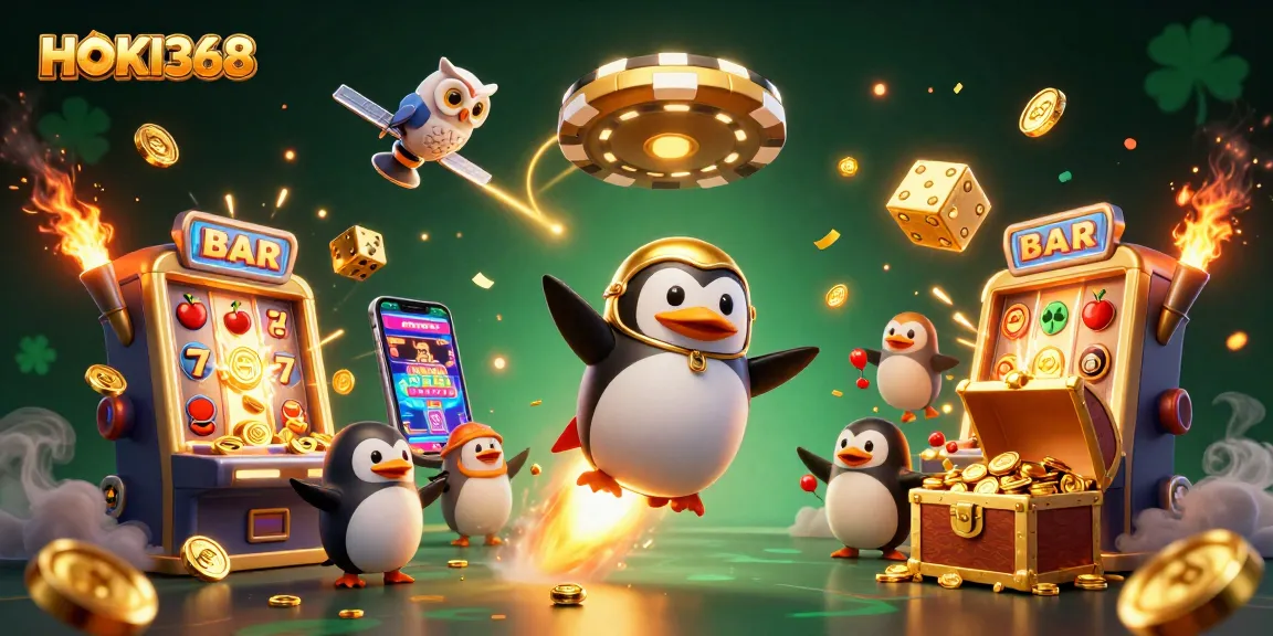 Experience HOKI368 with a thrilling illustration of a penguin in space, surrounded by exciting casino elements.