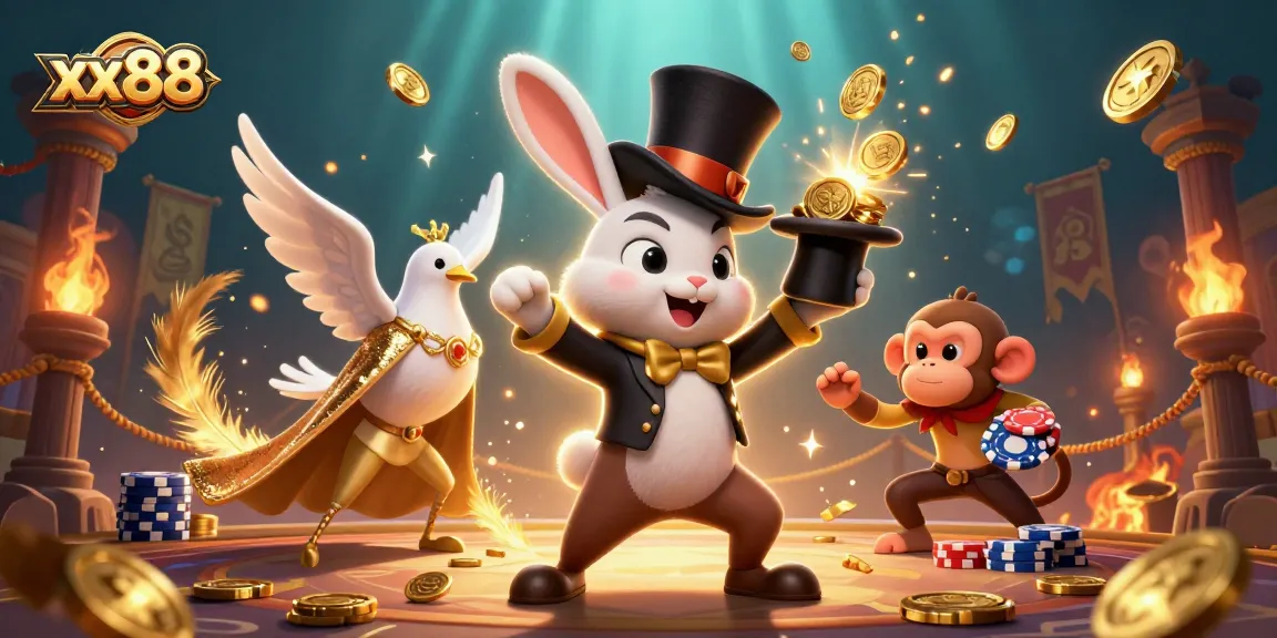 Experience thrilling gameplay at xx88 with a magician rabbit, dove, and monkey amidst sparkling casino elements.