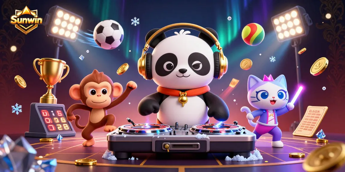 Sunwin celebrates a vibrant casino scene with dancing characters and dynamic sports elements.