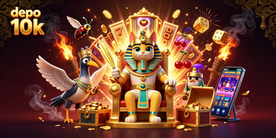 Win big with depo 10k featuring a playful Egyptian pharaoh cat and slot machine jackpot.