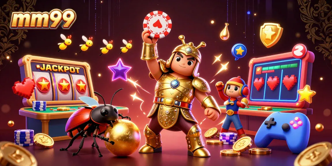 Spin the mm99 jackpot with a heroic beetle lifting a casino chip amidst vibrant gaming symbols.