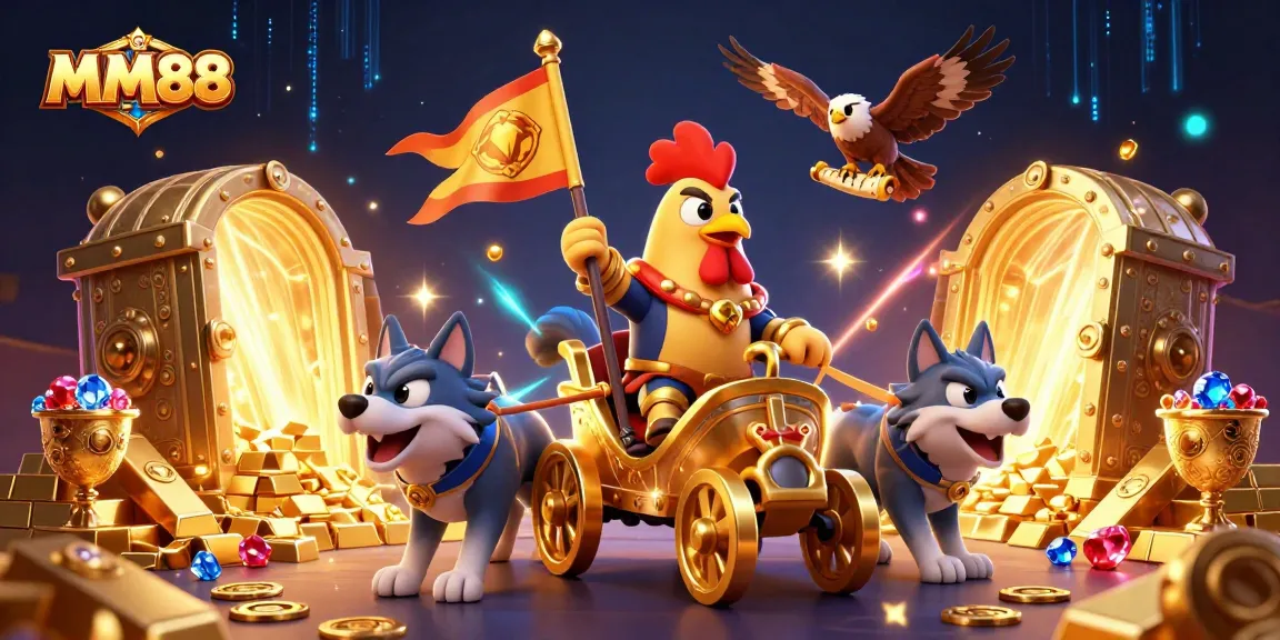 Engage with MM88 through golden treasures and a powerful rooster warlord in a rich casino scene.