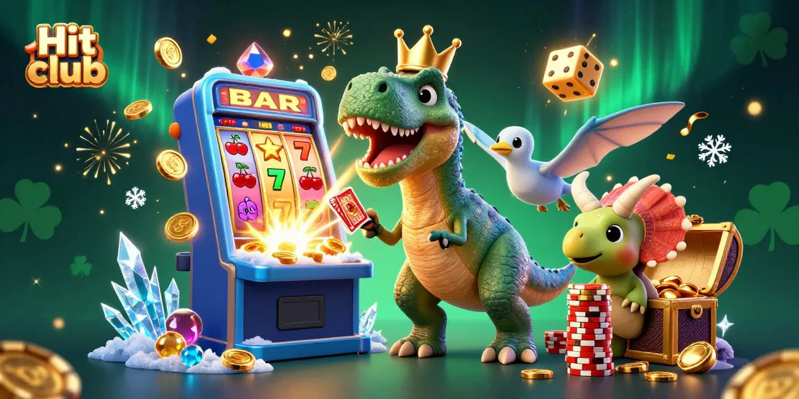 Hit club - Interactive 3D illustration of friendly dinosaurs enjoying casino games with vibrant elements.