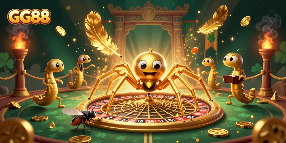 Engage in thrilling bets at GG88 with a golden spider and centipede croupier in a colorful casino scene.