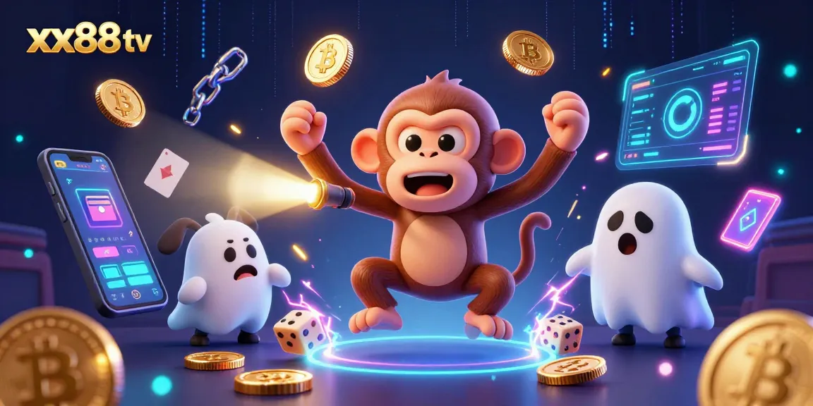 Engage with xx88 tv as a playful poltergeist monkey juggles golden coins in a haunted casino scene.