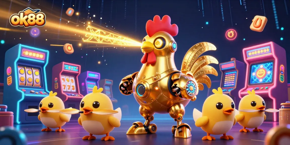 Spin the slots with the animated ok88 golden rooster robot and chick drones winning big in this vibrant casino scene.