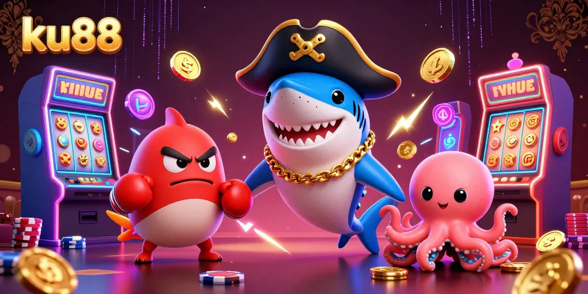 Experience the thrill of ku88 with a cartoon pirate shark and friends in a vibrant casino scene.
