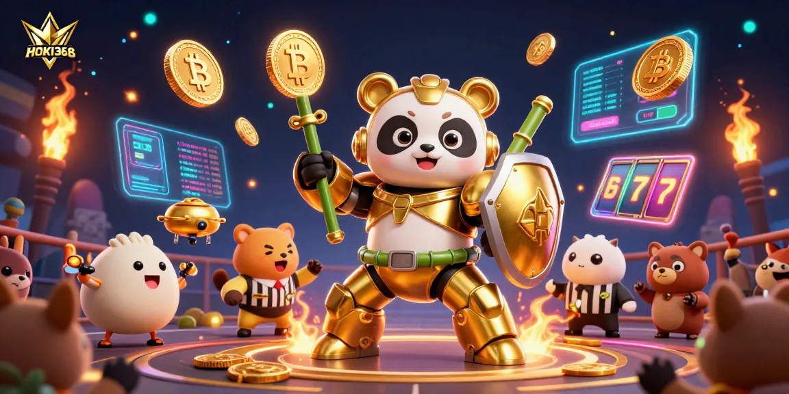 Engage with HOKI368's vibrant casino scene featuring a golden panda and dynamic slot elements.