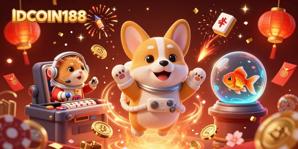 IDCOIN188 features fun casino action with a 3D floating corgi, golden coins, and a space theme.
