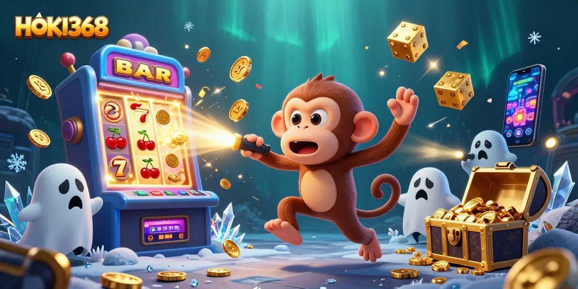 Engage with HOKI368 as a mischievous monkey juggles casino treasures in a haunted setting.