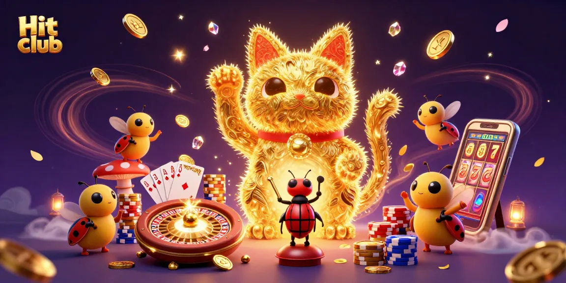Experience winning vibes at Hit club with a magical lucky cat, coins, and casino symbols!