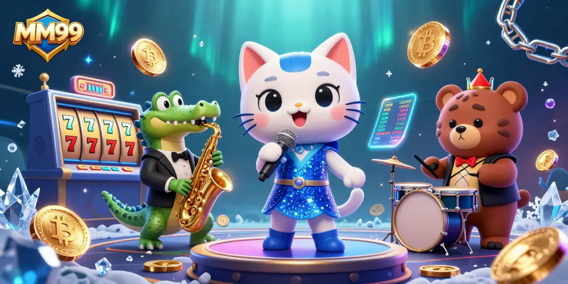 Engaging MM99 experience featuring vibrant characters in a lively casino scene with glowing crypto elements.