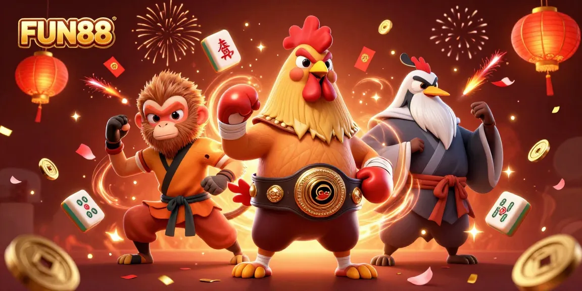 Engage in thrilling gameplay at FUN88, featuring a spirited Muay Thai rooster and vibrant casino elements.