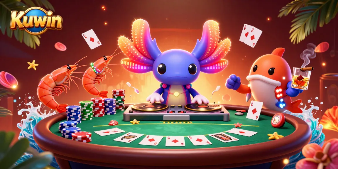 Kuwin showcases a vibrant casino scene with a neon axolotl DJ spinning records and poker elements.