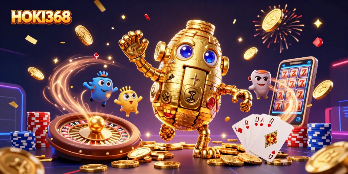 Engage with the HOKI368 gaming experience, showcasing a dynamic casino scene filled with slot machines and winnings.
